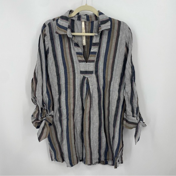 Uncle Frank striped tunic with tied sleeves gray blue brown Sz L - Picture 1 of 7